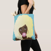 Zwart Vrouw, Blond Afro, Roze Bubblegum, Blauw Tote Bag (Dichtbij)