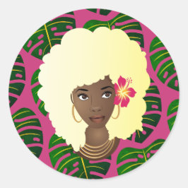 Zwart Vrouw, Blond Afro, Tropische bladeren, Roze Ronde Sticker