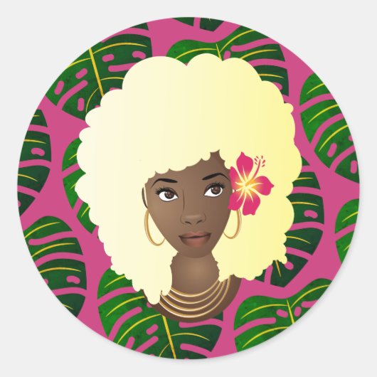 Zwart Vrouw, Blond Afro, Tropische bladeren, Roze Ronde Sticker (Voorkant)