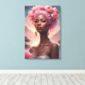 Zwart Vrouw in een Roze bloementuin Canvas Afdruk (Insitu (Houten vloer))