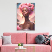 Zwart Vrouw in een Roze bloementuin Canvas Afdruk (Insitu (Woonkamer))
