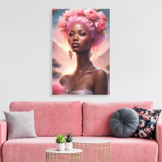 Zwart Vrouw in een Roze bloementuin Canvas Afdruk (Insitu (Woonkamer))