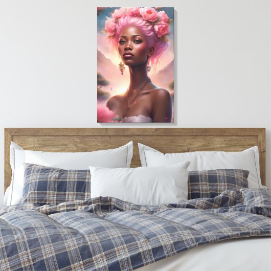Zwart Vrouw in een Roze bloementuin Canvas Afdruk (Insitu (Slaapkamer))