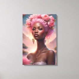 Zwart Vrouw in een Roze bloementuin Canvas Afdruk