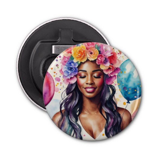  zwart vrouw kleurrijke ballonnen partij button flesopener (Voorkant)