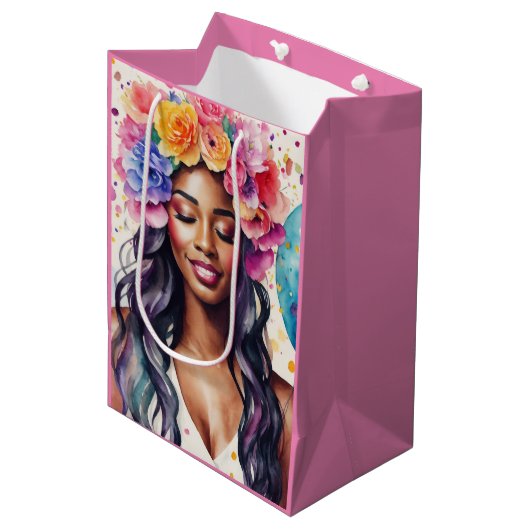  zwart vrouw kleurrijke ballonnen partij medium cadeauzakje (Voorkant Gekanteld)