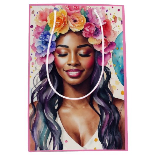  zwart vrouw kleurrijke ballonnen partij medium cadeauzakje (Voorkant)