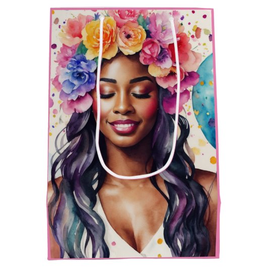  zwart vrouw kleurrijke ballonnen partij medium cadeauzakje (Achterkant)