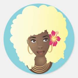 Zwart Vrouw met Bloem in haar Blond Afro, Blauw Ronde Sticker