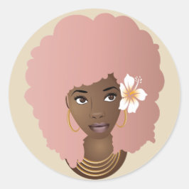 Zwart Vrouw met Bloem in haar Roze Afro, Beige Ronde Sticker