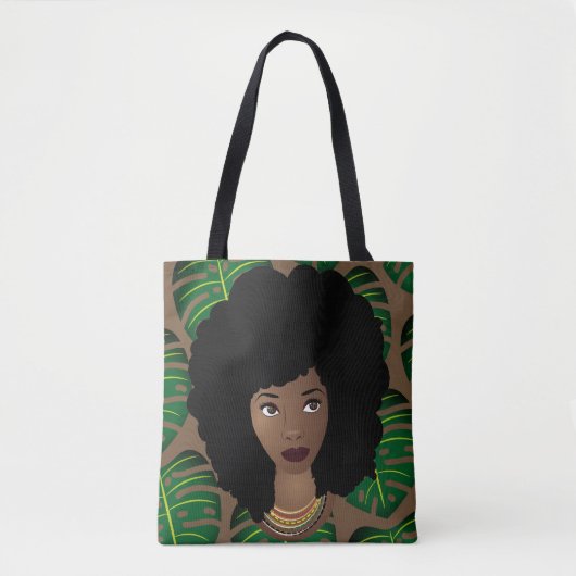 Zwart Vrouw, Natuurlijk Haar, Groene Bladeren, Bru Tote Bag (Voorkant)