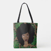 Zwart Vrouw, Natuurlijk Haar, Groene Bladeren, Bru Tote Bag (Achterkant)