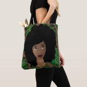 Zwart Vrouw, Natuurlijk Haar, Groene Bladeren, Bru Tote Bag (Dichtbij)