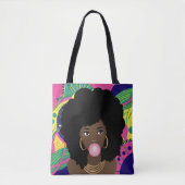 Zwart Vrouw Popping Roze Bubblegum, Kleurrijk Tote Bag (Voorkant)