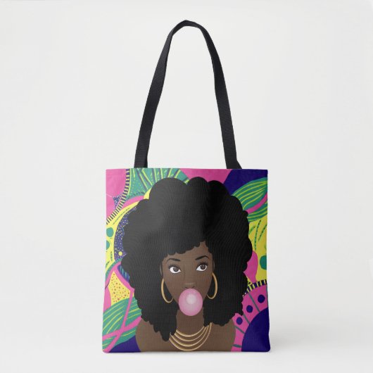 Zwart Vrouw Popping Roze Bubblegum, Kleurrijk Tote Bag (Voorkant)