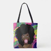 Zwart Vrouw Popping Roze Bubblegum, Kleurrijk Tote Bag (Achterkant)