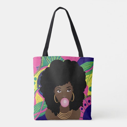 Zwart Vrouw Popping Roze Bubblegum, Kleurrijk Tote Bag (Achterkant)