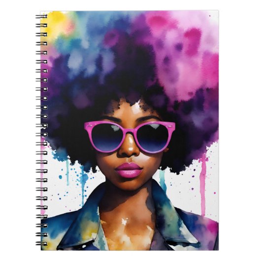 Zwart Vrouw Regenboog Afro Haar en Zonnebril Kunst Notitieboek (Voorkant)