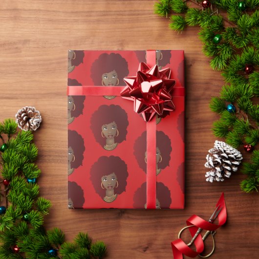 Zwart Vrouw, Rode Afro, Natuurlijk Haar, Rood Cadeaupapier (Feestdagen Geschenken)
