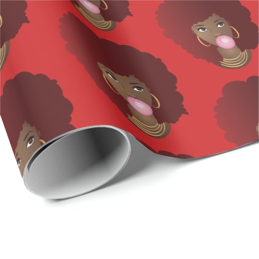 Zwart Vrouw, Rood Afro Natuurlijk Haar, Bubblegum, Cadeaupapier (Rol Hoek)