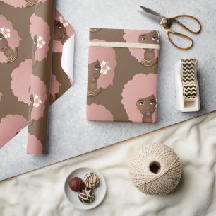 Zwart Vrouw, Roze Afro met Bloem, Bruin Cadeaupapier