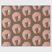 Zwart Vrouw, Roze Afro met Bloem, Bruin Cadeaupapier (Vlak)