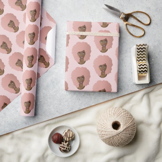 Zwart Vrouw, Roze Afro, Natuurlijk Haar, Roze Cadeaupapier (Crafts)