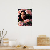 Zwart Vrouw Roze Bloemen Digitale kunst Poster (Keuken)