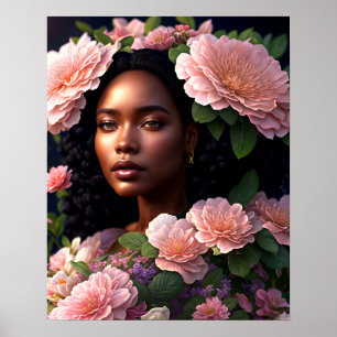 Zwart Vrouw Roze Bloemen Digitale kunst Poster