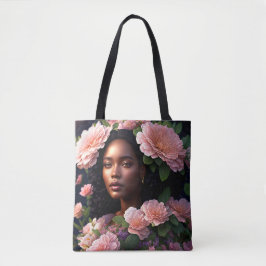 Zwart Vrouw Roze Bloemen Digitale Kunst Tote Bag