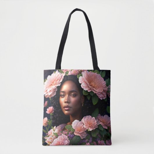 Zwart Vrouw Roze Bloemen Digitale Kunst Tote Bag (Voorkant)
