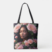 Zwart Vrouw Roze Bloemen Digitale Kunst Tote Bag (Achterkant)