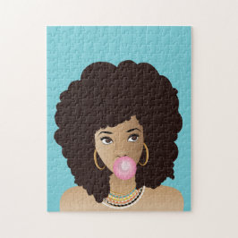 Zwart Vrouw, Roze Bubblegum, Natuurlijk Haar, Blau Legpuzzel