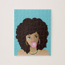 Zwart Vrouw, Roze Bubblegum, Natuurlijk Haar, Blau Legpuzzel