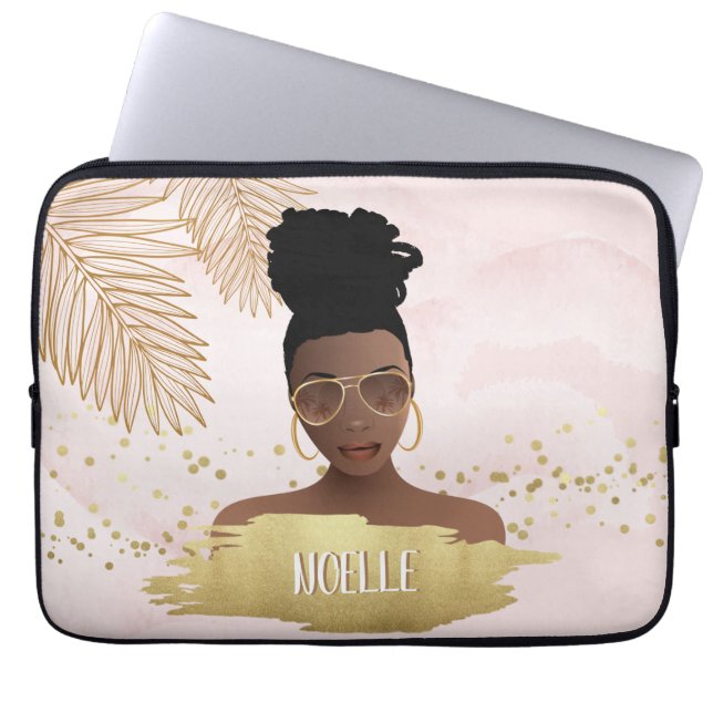 Zwart Vrouw, Tropisch Goud Bladeren & Tinten, Roze Laptop Sleeve (Voorkant)