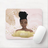 Zwart Vrouw, Tropisch Goud Bladeren & Tinten, Roze Muismat (Met muis)