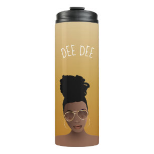 Zwart Vrouw w / Gouden tinten & Hoge Bun, Geel Gou Thermosbeker