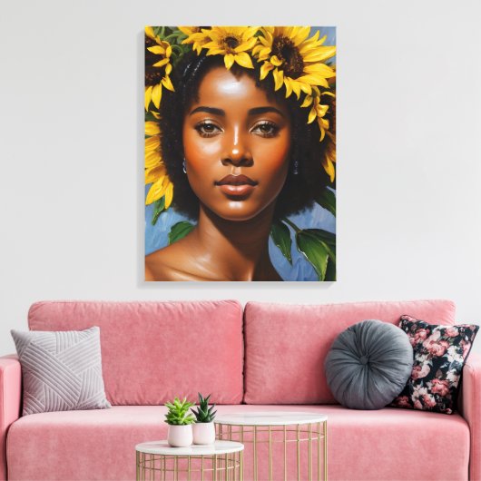 Zwart Vrouw Zonnebloem Portret Kunst Canvas Afdruk (Insitu (Woonkamer))