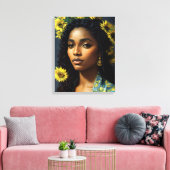 Zwart Vrouw Zonnebloem Portret Van Gogh Stijl Canvas Afdruk (Insitu (Woonkamer))