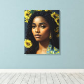 Zwart Vrouw Zonnebloem Portret Van Gogh Stijl Canvas Afdruk (Insitu (Houten vloer))