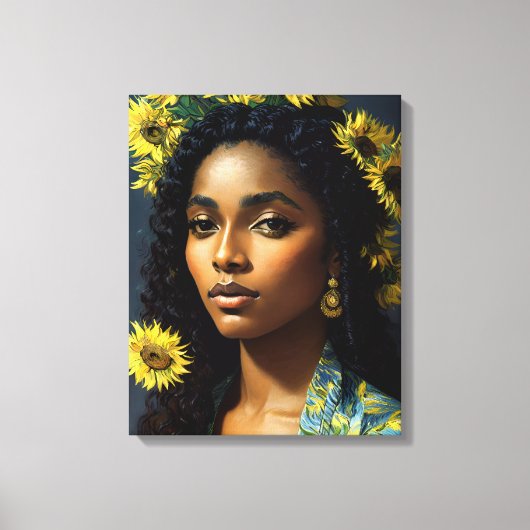 Zwart Vrouw Zonnebloem Portret Van Gogh Stijl Canvas Afdruk (Voorkant)