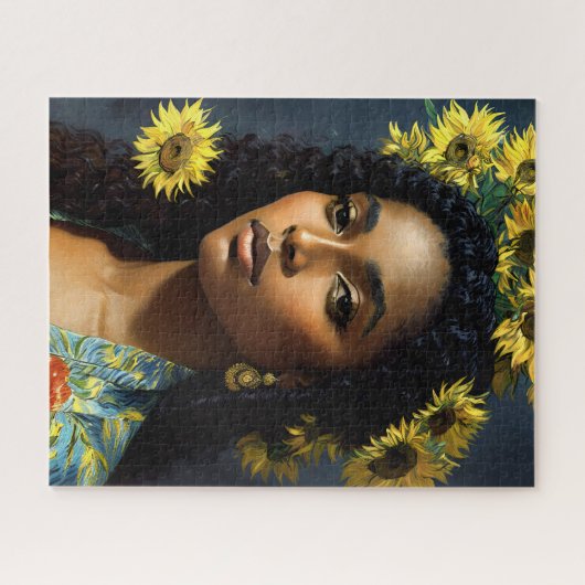 Zwart Vrouw Zonnebloem Portret Van Gogh Stijl Legpuzzel (Horizontaal)