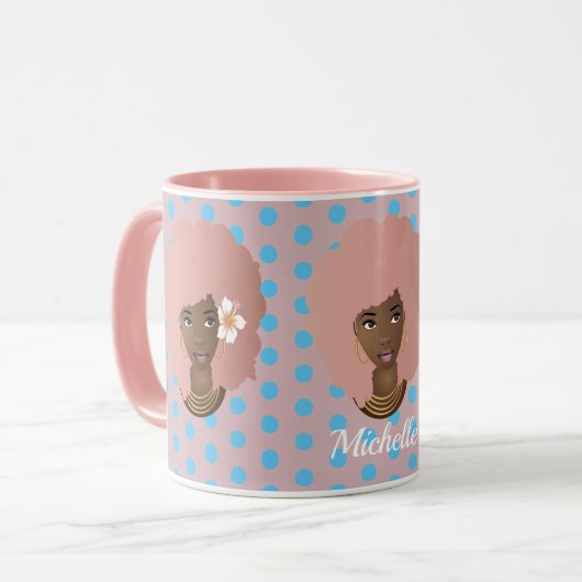 Zwart Vrouwen w/Pink Afro, Bubblegum & Flower Stip Mok (Voorkant links)