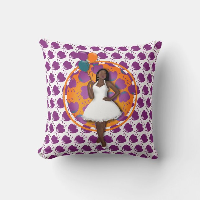 Zwart vrouwtje kleurrijke ballonnen ventilator wit kussen (Voorkant)