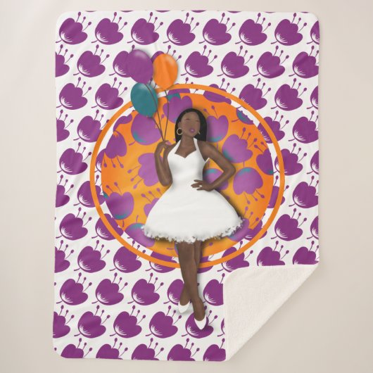 Zwart vrouwtje kleurrijke ballonnen ventilator wit sherpa deken (Voorkant)