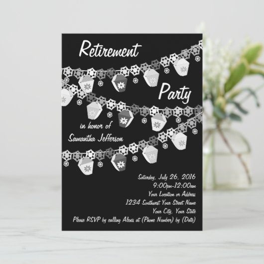 Zwart w / White Lanterns Pensioenfeest uitnodiging (Staand voorkant)