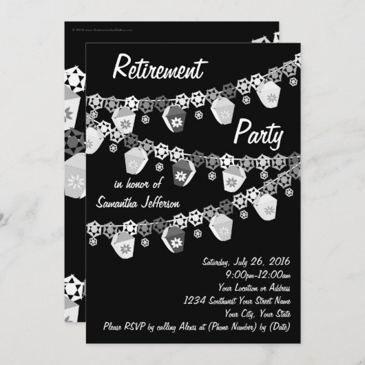 Zwart w / White Lanterns Pensioenfeest uitnodiging (Voorkant / Achterkant)