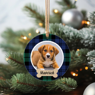 Zwart-Wacht-Tartan geruite Kerst-hond-foto Ornament