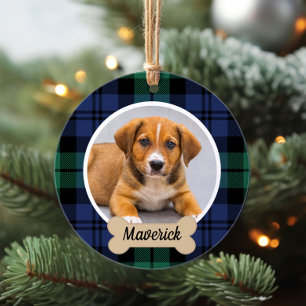 Zwart-Wacht-Tartan geruite Kersthondenfoto Ornament