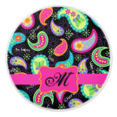Zwart warm roze monogram op maat van Mod Paisley Keramische Knop (Voorkant)